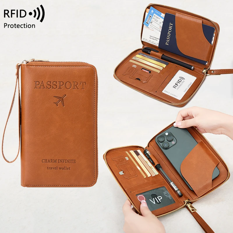 Держатель для паспорта с защитой от RFID, дорожный кошелек, сумка для билетов и кредитных карт, многофункциональный кошелек на молнии с ремешком на запястье, модный дизайн.
