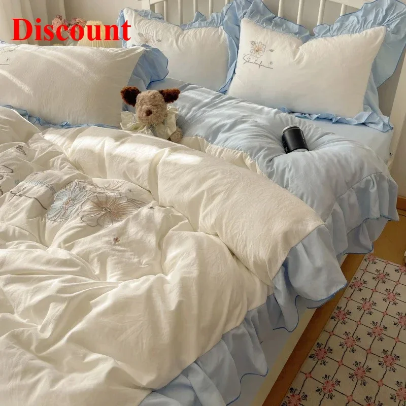 Lace embroidery small fresh and cute girl heart bed four-piece set washed cotton summer bed sheet quilt cover bed hat