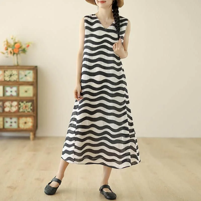 

Women Dress Summer Elegant A-line Zebra-stripe Korean Style Sleeveless Ankle Length Literary V-neck Dress for Women Clothing