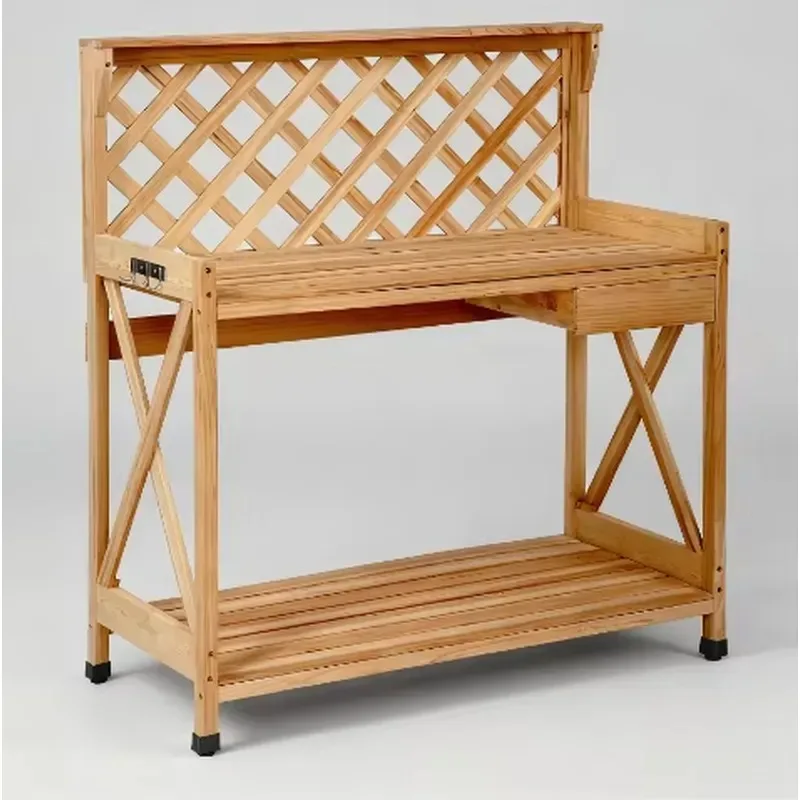 Factory Direct Multifunctional Orange Wood Potting Workbench with Storage Rack Drawer and Hooks