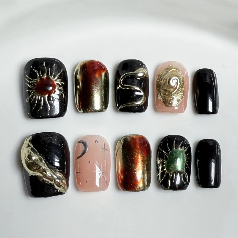 

﻿ 10pcs Handmade Short y2k Punk Press on Nails Metal Heavy Design Charms Reusable Acrylic Party Spice Girls False Nail Tips Art