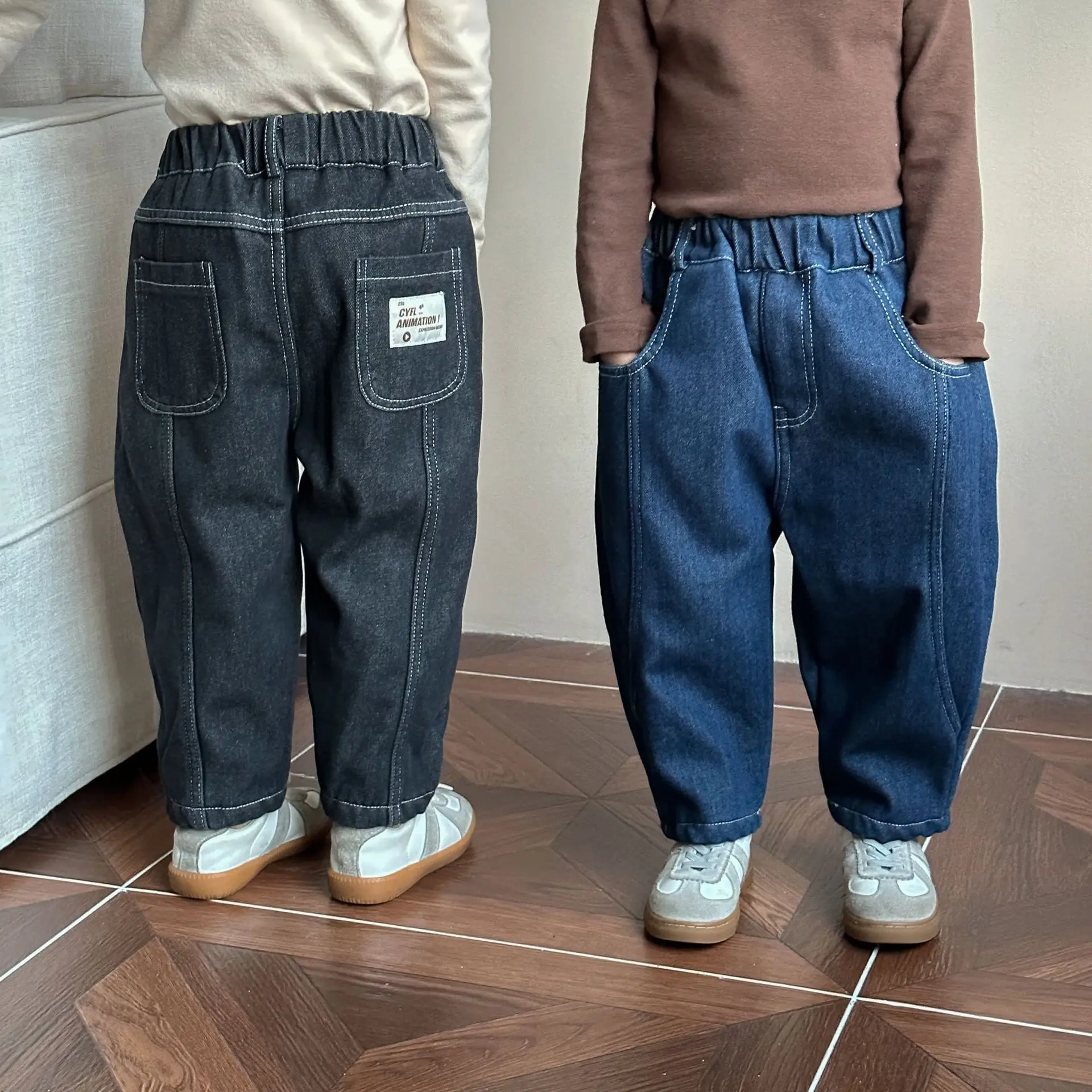 

Children Clothing Thickened Fashion All Match Jeans 2024 New Autumn Winter Boys and Girls Solid Color Simple Casual Pants