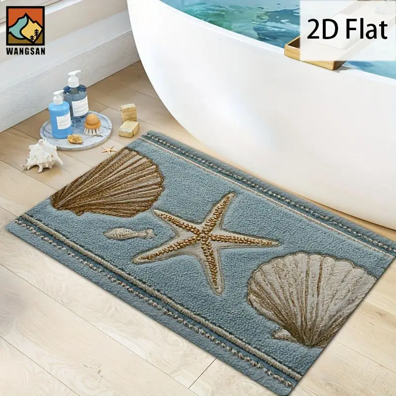 VIKAMA Nautical Beach Theme Absorbent Bath Mat Embossed Seashell Starfish Design Non Slip Indoor Bathroom Entry Decor Mat