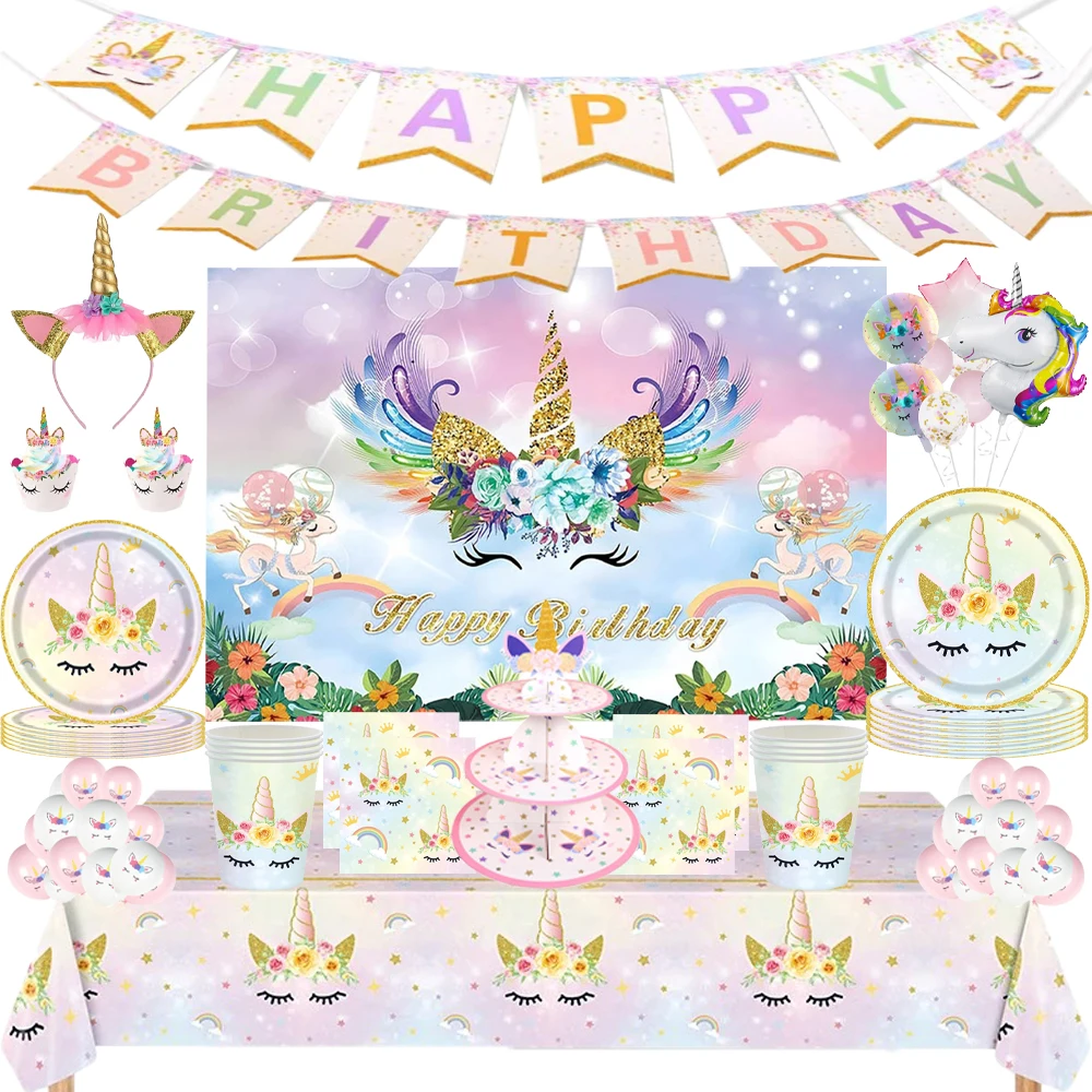 

Unicorn Theme Party Decorations Disposable Tableware Cup Plate Tablecloth Backdrop for Girls Birthday Party Baby Shower Supplies