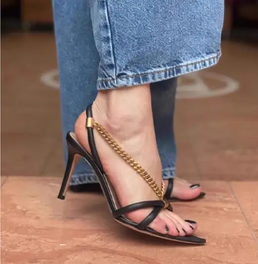 New Women Black Gold Soft Leather Gold Metal Chain Cross Strap Pointed Open Toe 8 10 CM Thin Heels Summer Sandals Party Shoes