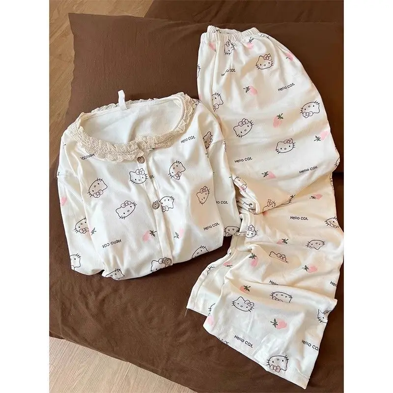 

Sanrio Hello Kitty Winter Pajama 2 Piece Set Kawaii Cartoon Women Warm Sleepwear Long Sleeve Pant Nightwear Student Home Clothes