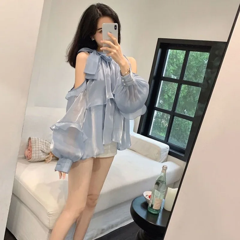 Korean Elegant Ladies Tops Shoulderless Chiffon Solid Ruffle Shirts Long Puff Sleeves 2024 Summer Hollow Loose Bandage Blouses