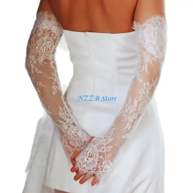 

T21F Sheer Wedding Gloves With Lace Flower Design For Formal Event Seethrough Fingerless Arm Sleeves Armwear for Dinner Party