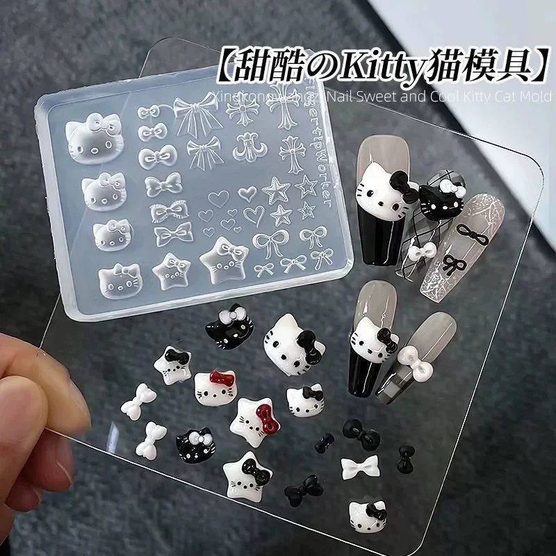 1 Uds. Molde de silicona 3D Kawaii Hello Kitty para decoración de uñas, pegatina transparente con lazo cruzado, plantilla de diseño de gatito para decoración de manicura DIY