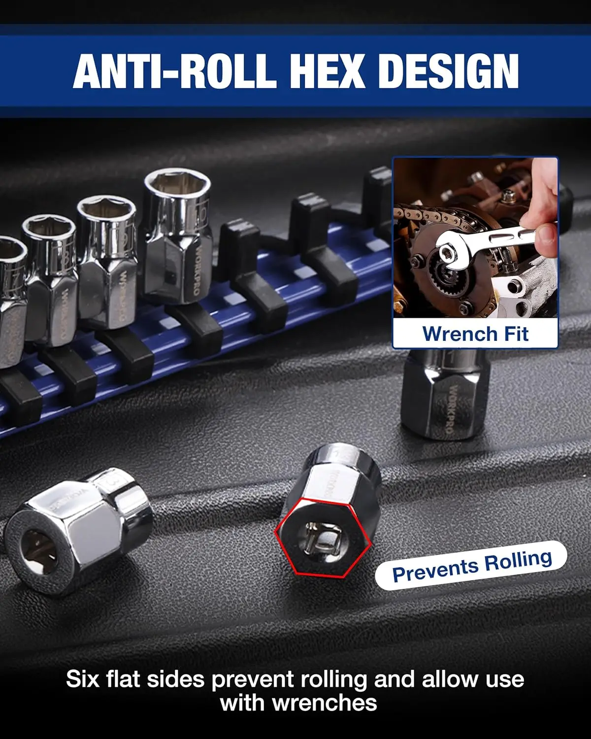 Conjunto de soquete métrico de unidade de 1/4', 10 peças de 6 pontos, 4-13 mm, com organizador e trilho de soquete