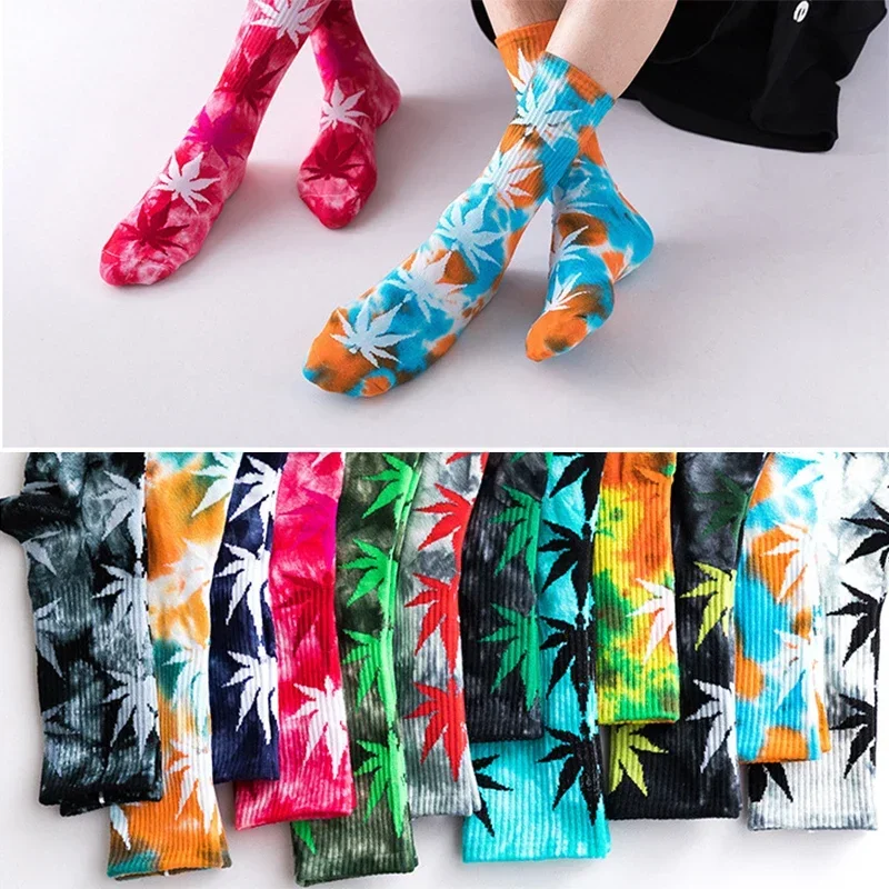 Spring and Summer Tie-dye Maple Leaf Hemp Leaf Couple Trendy Socks European and American Street Style Harajuku Tube Socks