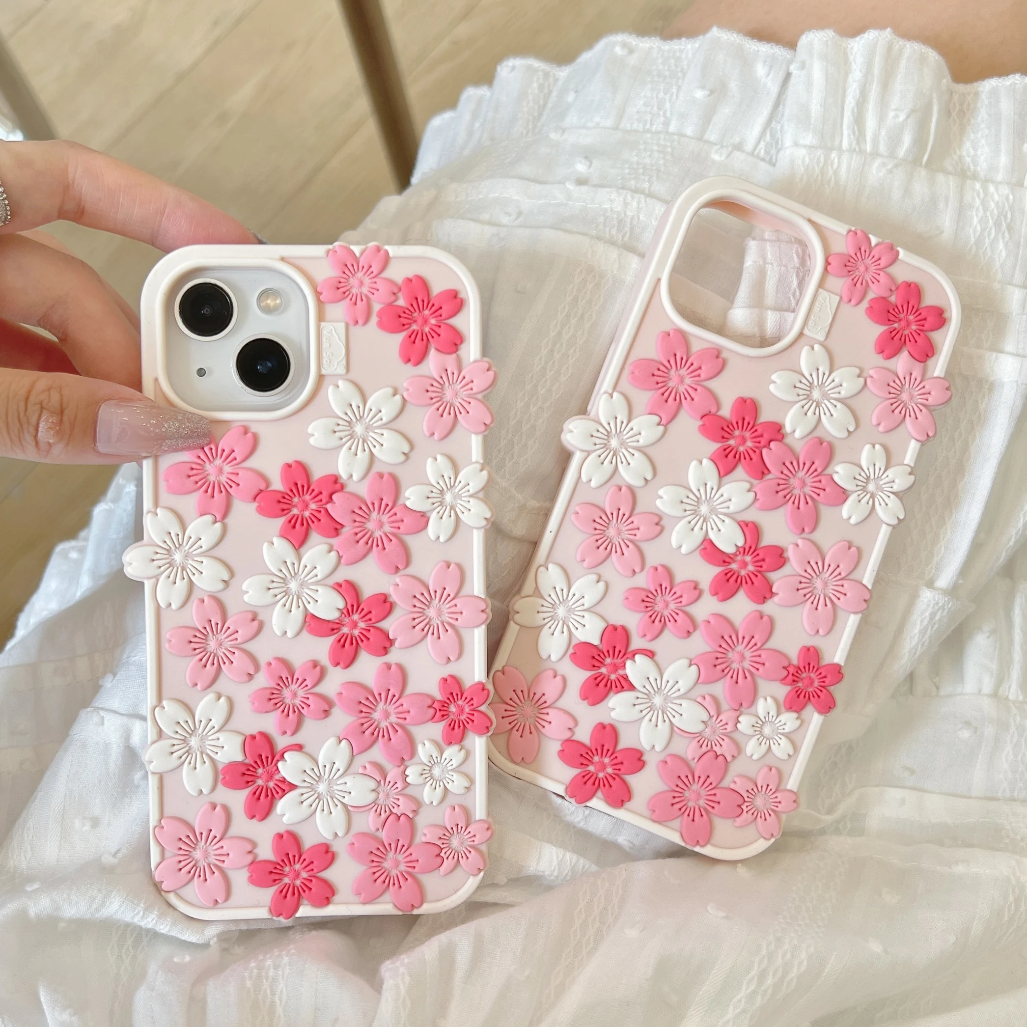 

Back Cover For IPhone 13 14 15 16 Pro Max 17 Pro Case 3D Cherry Flowers Soft Rubber Gel Shockproof Phone Case