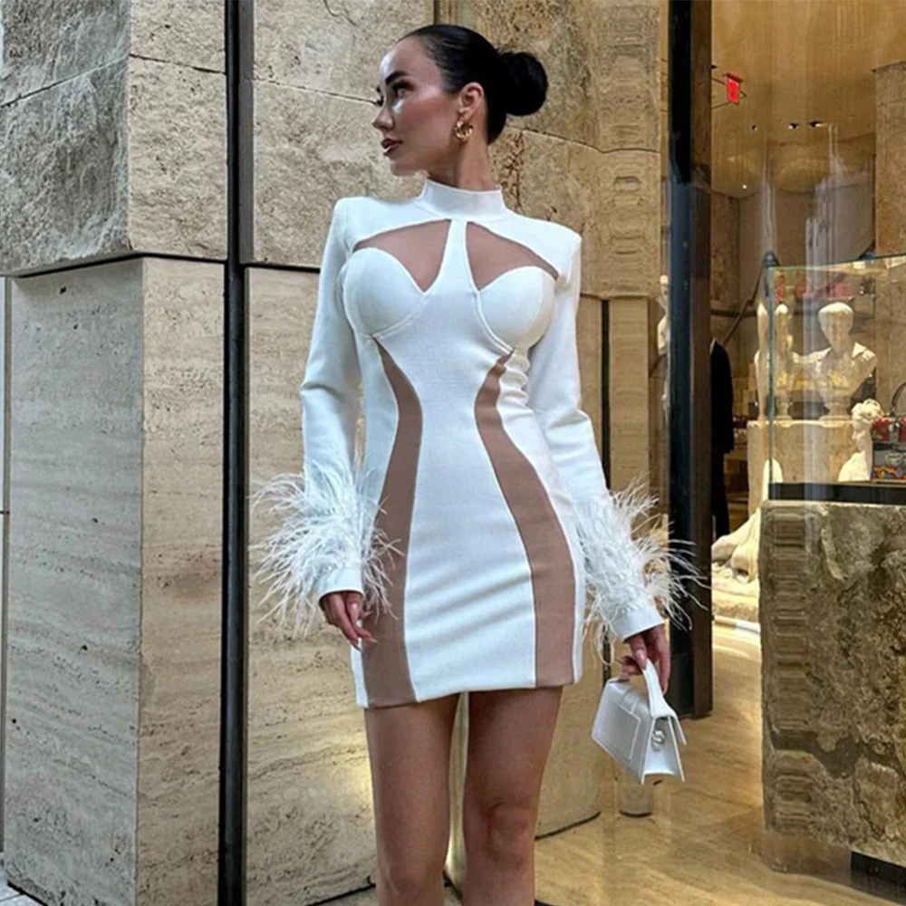 2023 New Fashion Feathers Bandage Dresses Woman Bodycon Long Sleeve Clothes Celebrity Club Party Mini Dresses