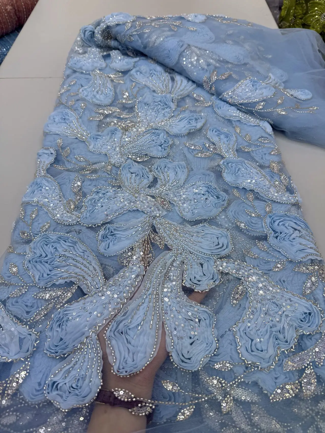 

2025 Latest High Quality African Nigerian With Tulle Sewing Lace Fabric Guipure Embroidery Dresses Sequins 5Yards JY466