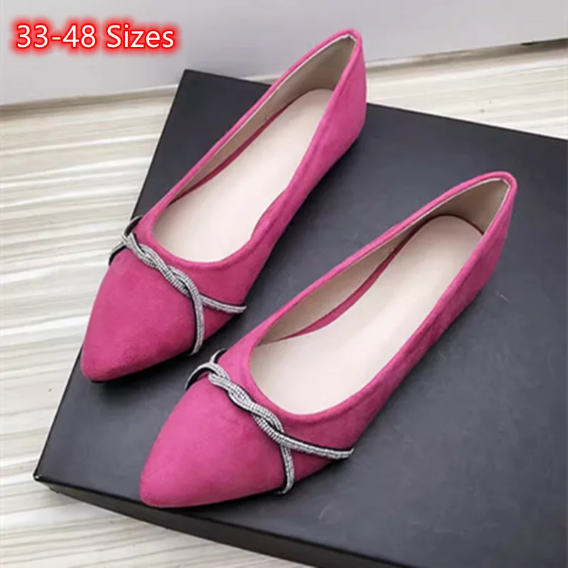 Ladies Gorgeous Flats Pointy Toe Slip-On For Wide & Small Feet Crystal Chain Moccasin Well Made Flock Chaussure Noiseless 33-48