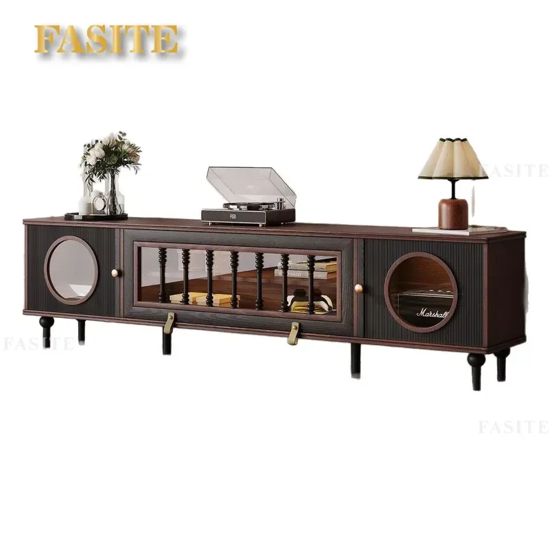 French Retro Solid Wood TV Stand Black Media Console Storage Cabinet for Small Apartment Living Room American Medieval Style