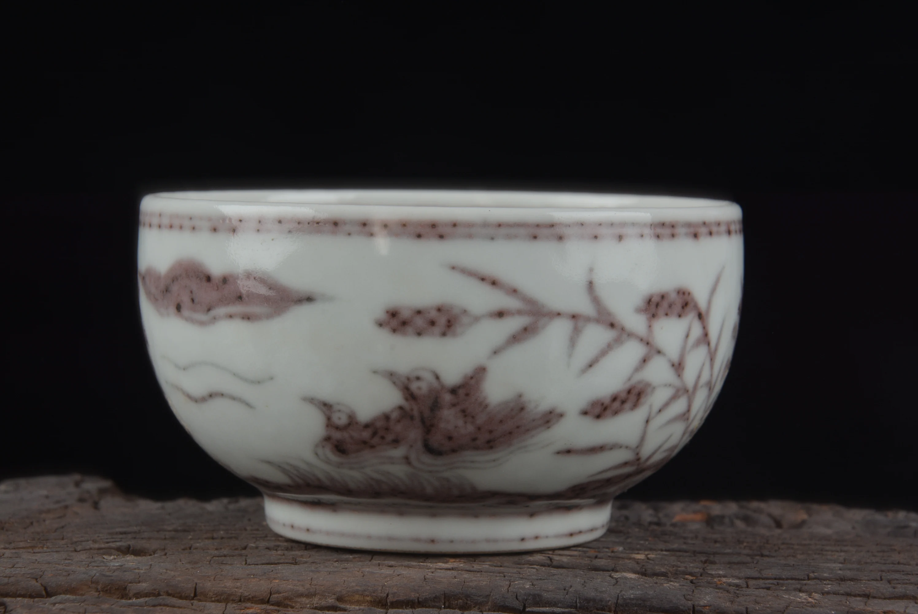 Ming Chen hua antique porcelain Underglaze red cup with reeds, mandarin ducks and wild geese pattern
