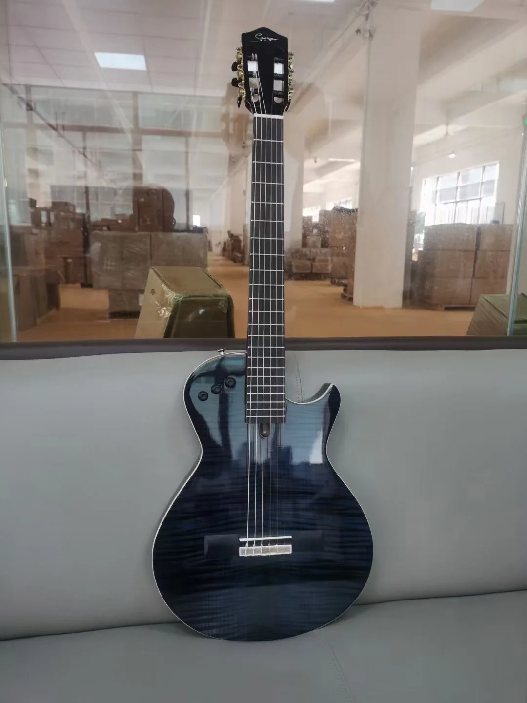 Portable Electric Guitar with Built-in Effect, Thin Body,Beautiful Flame Maple, Silent,Nylon String, Travel, Classical, Classic