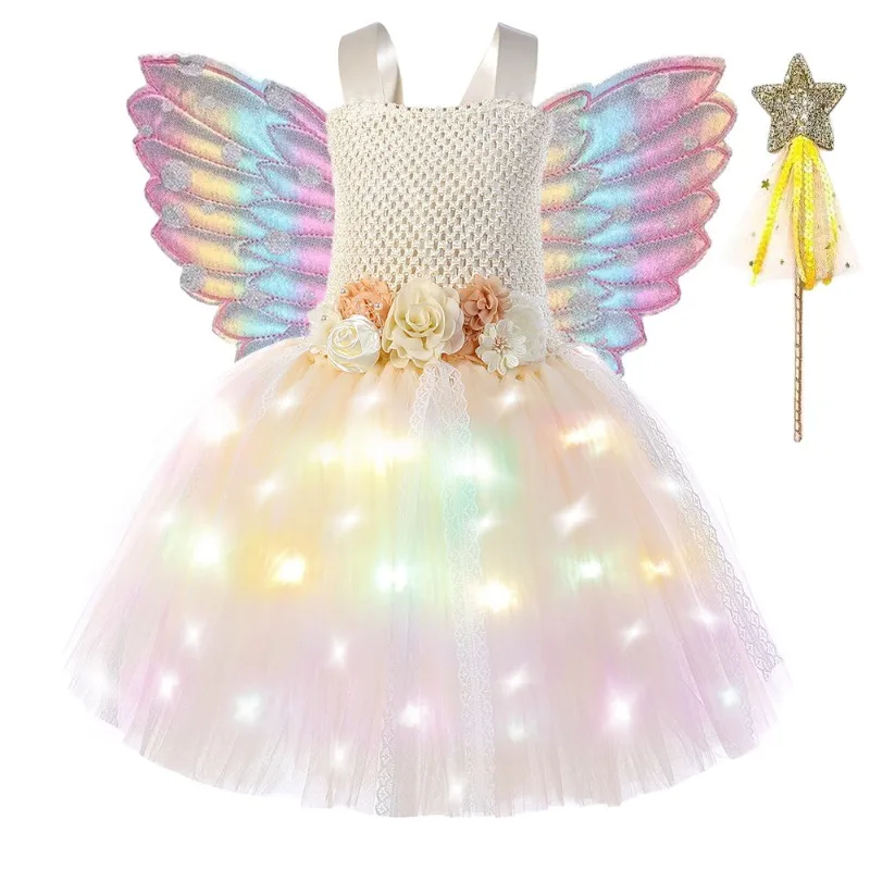 Girls' LED Light-Up Flower Butterfly Fairy Dress, Kids' Flower Girl Gown for Weddings & Stage,Exquisite Halloween Princess Dress