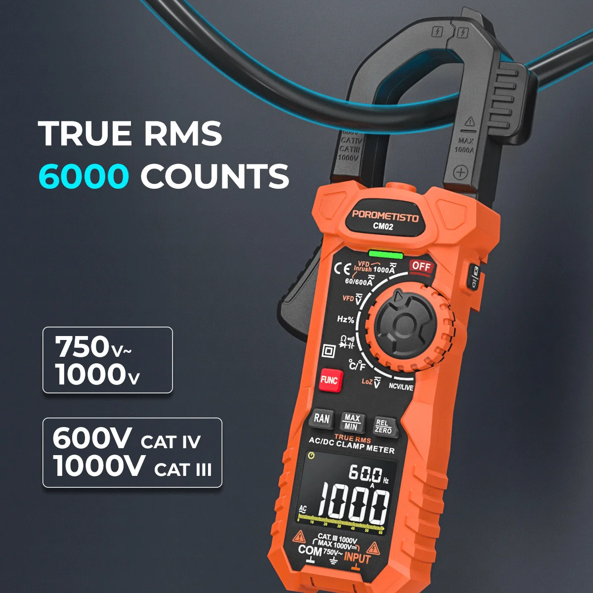 Imagem -03 - Porometisto-digital Clamp Meter 6000 Contagens Multímetro Amperímetro 1000a ac dc Vfd Ncv Ohm Temp Capacitância Testador de Temperatura Cm02