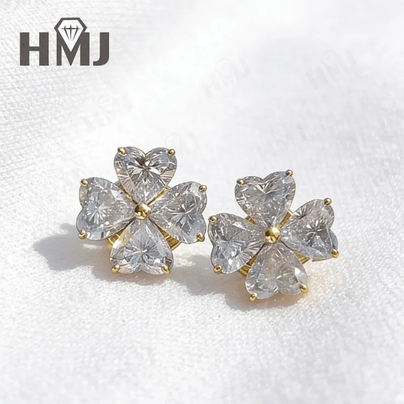

Eight Hearts Stud Earrings with 2.4CT D Color Heart Moissanite 925 Silver Plated White Yellow Gold Ear Stud for Christmas Gift