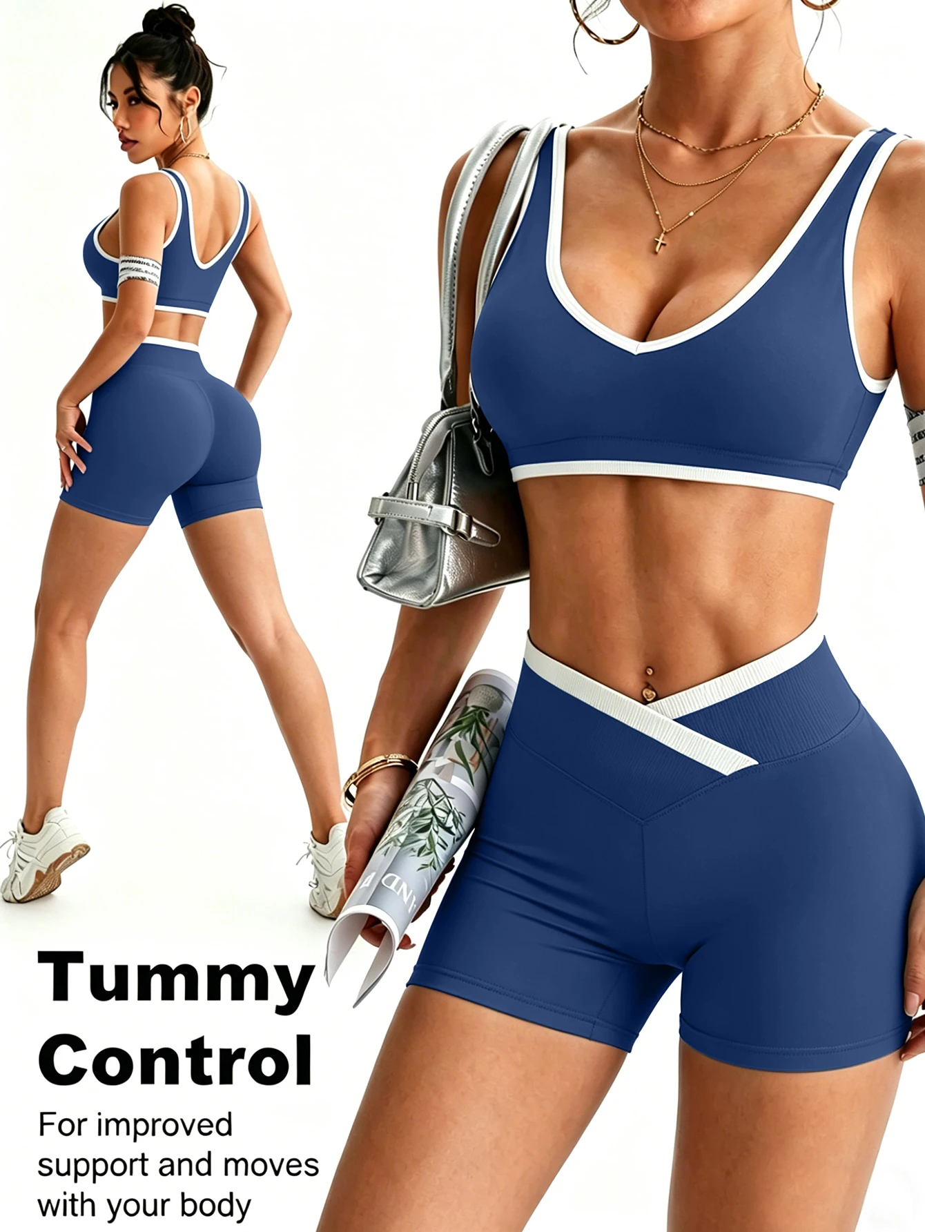 High-Waist Cross Yoga Shorts Set Color Block V-Neck Sports Bra Abdomen Control Fitness Two-Piece Workout Outfit