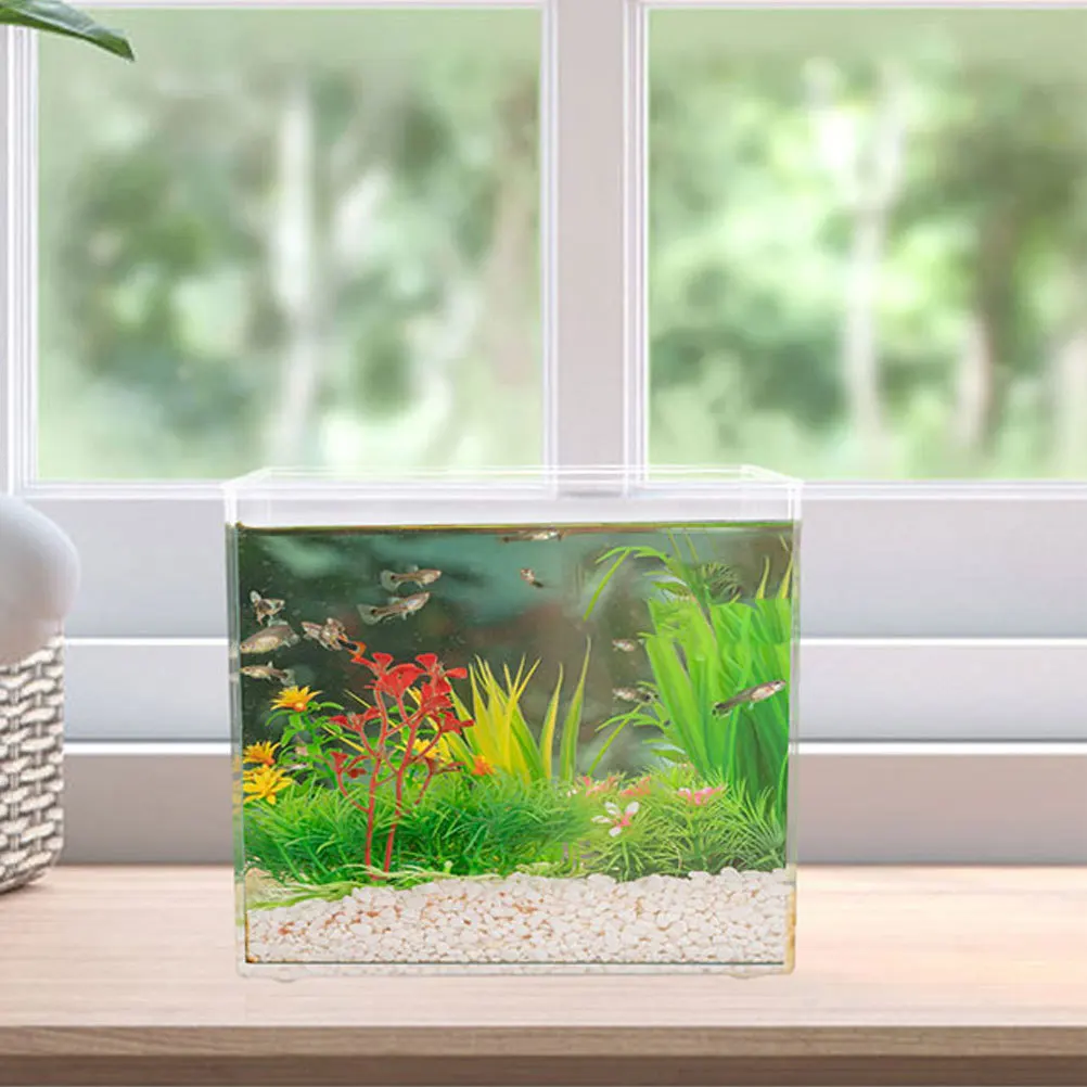 2pcs 1.8L Small Fish Tank Transparent Desktop Aquarium For Betta Fish Easy Maintenance Mini Rimless Habitat Home Office Decor