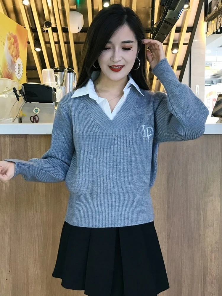 Women's Knitted Long Sve  Ne Sweater Fake Two-Piece Inner Wear Color Blo Design Spring Autumn New Sle Korean Fas...