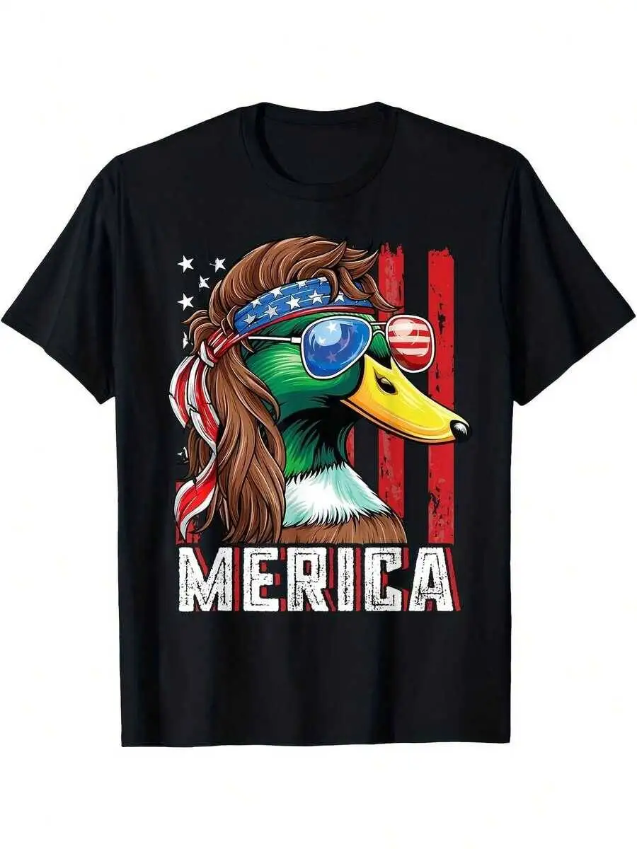 Men's Funny Patriotic Hunting T Shirt USA Flag MERICA Print Duck With Fashion Glasses & Camo Design, 7S Retro Style Short 100%