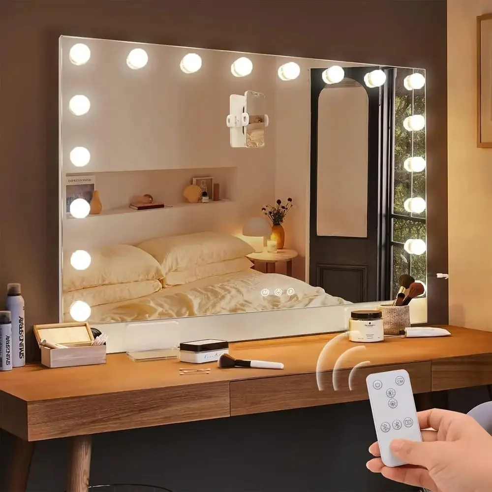 31.5x22.8 LED Lighted Makeup Mirror with Bluetooth Speaker, 18 Dimmable Bulbs & USB Charging Port