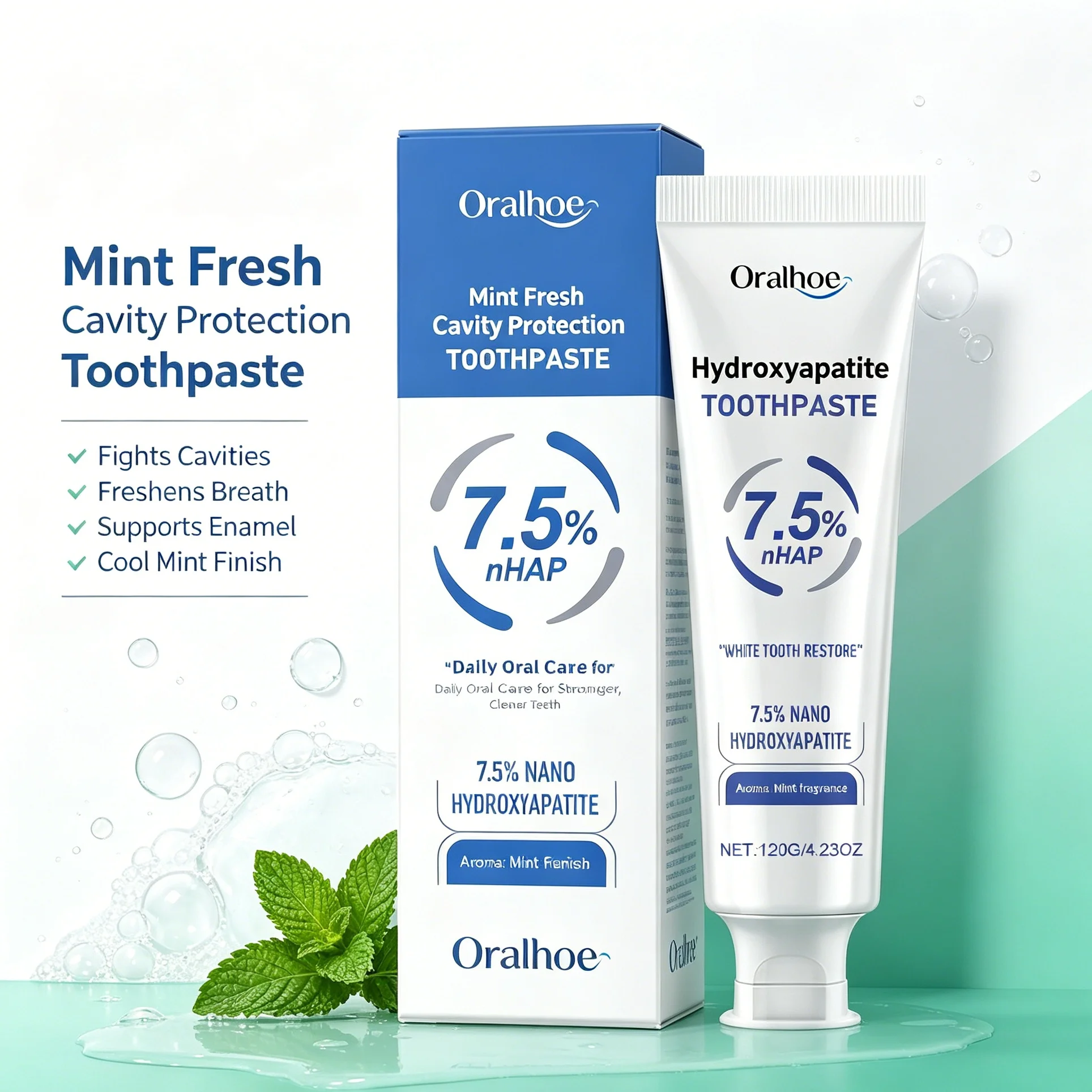 7.5% Hydroxyapatite Toothpaste for Enamel Protection, Formula with Gentle Mint, for Sensitive Teeth, Long-Lasting Fresh Breath