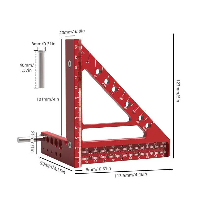 Righello per incisione a foro quadrato da carpentiere righello a triangolo per goniometro quadrato per la lavorazione del legno marcatura di precisione piccolo strumento per inquadratura