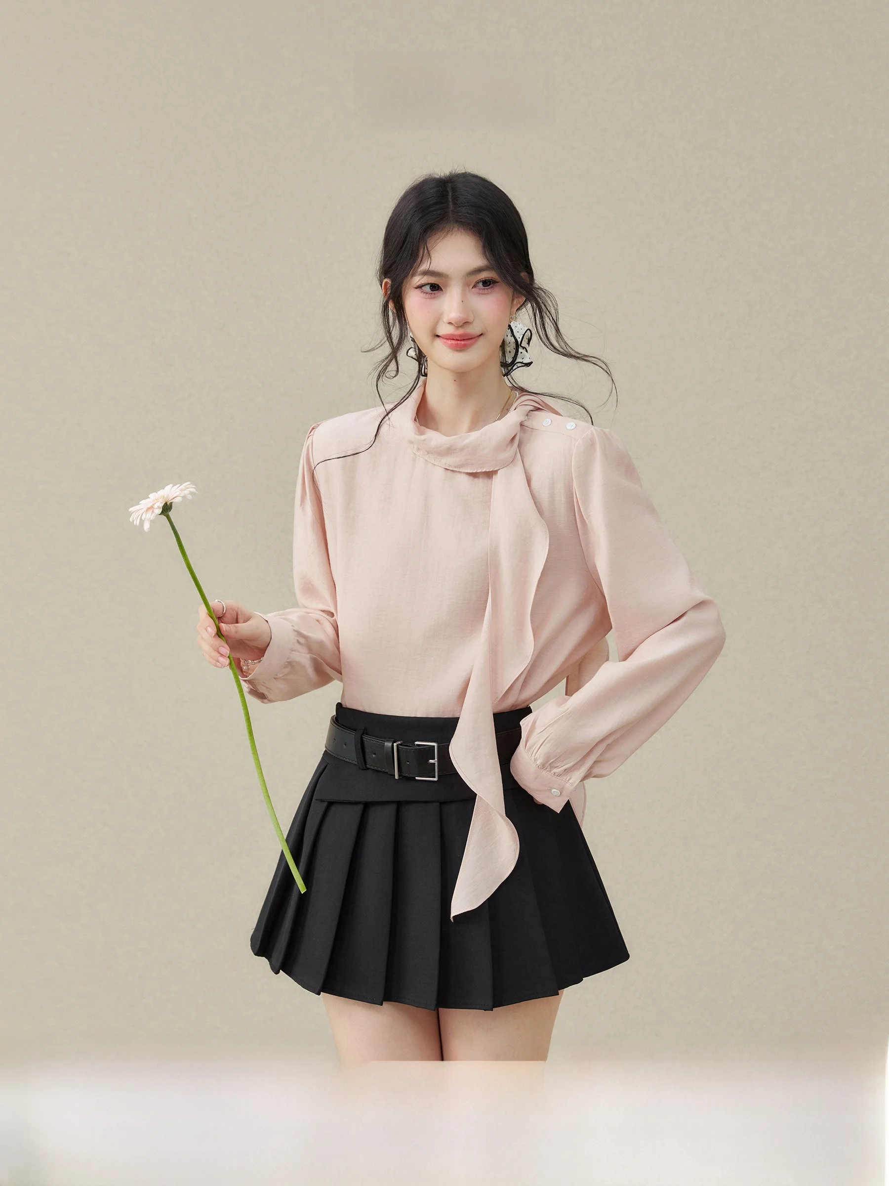 

Romantic Resonance Slimming Long Sleeve Sash Women's plus Size Pink Design Spring Shirt Breathable Comfortable Pure Color
