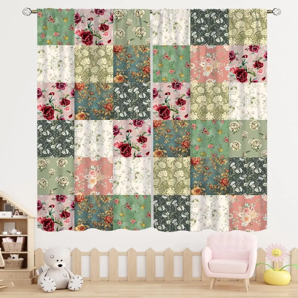 Farmhouse Floral Spliced Blackout Curtain Vintage Multi Panel Rose Cloth Drape For Apartment Living Room Cozy Nursery Window
