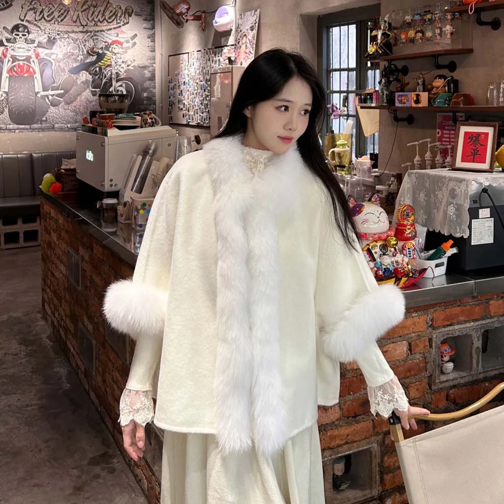 

2025 high quality Warm Oversized Real Fox Fur Collar Cuffs Elegant Wool Coat Women Elegant