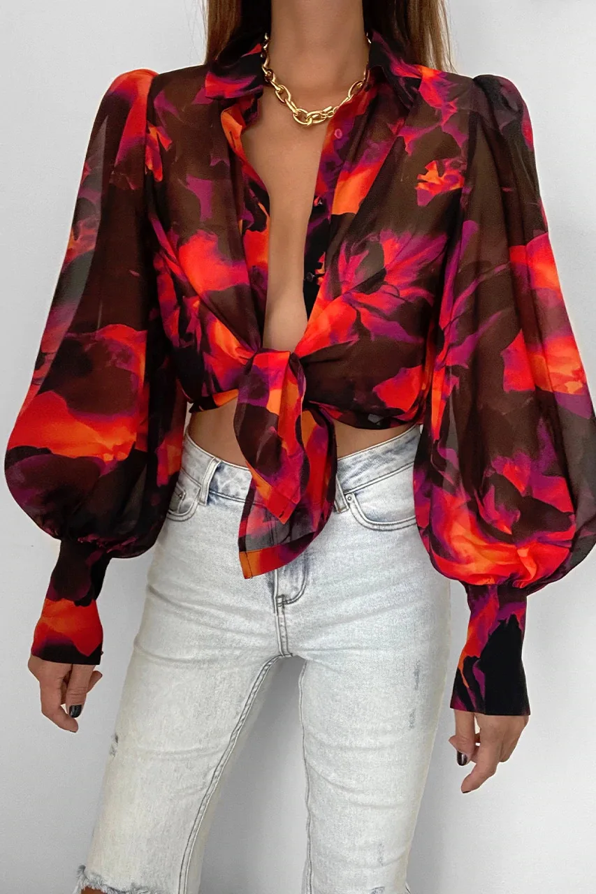 Vintage Floral Print Blouse Women Turn-down Collar Lantern Sleeve Shirt Elegant Boho Beach Streetwear Summer Outfits Female Tops