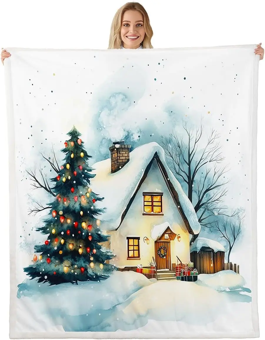 Winter Countryside Fleece Throw Blanket Kids Queen Christmas Tree Sherpa Blanket Plush Fuzzy for Boys Xmas Snowflake Holiday