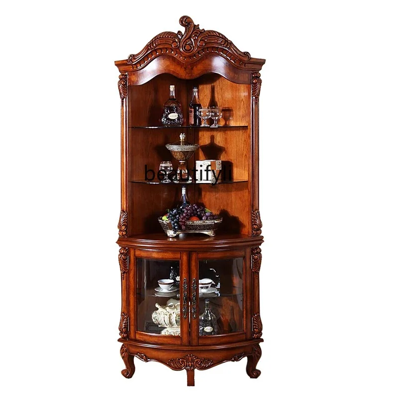 xx1American Solid Wood Corner Cabinet Triangle Living Room Glass Wine Cabinet Retro European Corner Cabinet