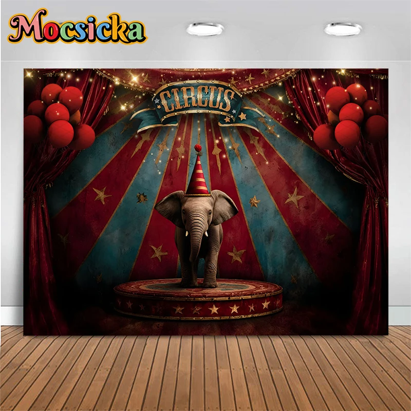 Mocsicka Circus Elephant Photography Backdrop Vintage Red Stage Striped Bunting Balloons Background Kid Baby Birthday Photoshoot