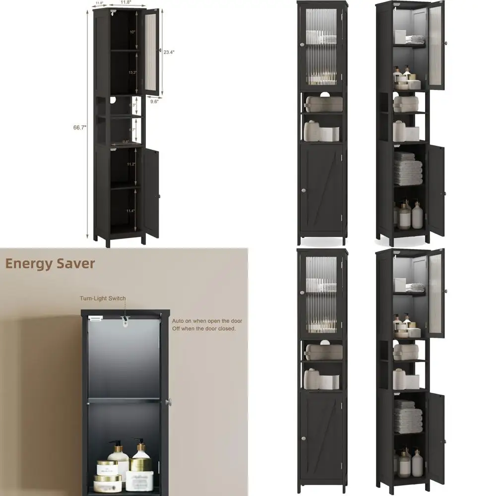 

Компактный 5-уровневый напольный шкаф для ванной комнаты с регулируемыми полками и подсветкой, узкий дизайн, черный цвет