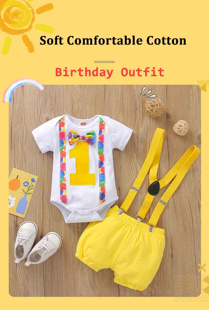 MiniFox Baby-Jungen-Geburtstagsoutfit für ein Jahr, Nummer 1 Zoll, Body und Hosenträger-Shorts mit Y-Rücken, 1 Jahr Geburtstagskuchen-Smash-Sets – Detail 5