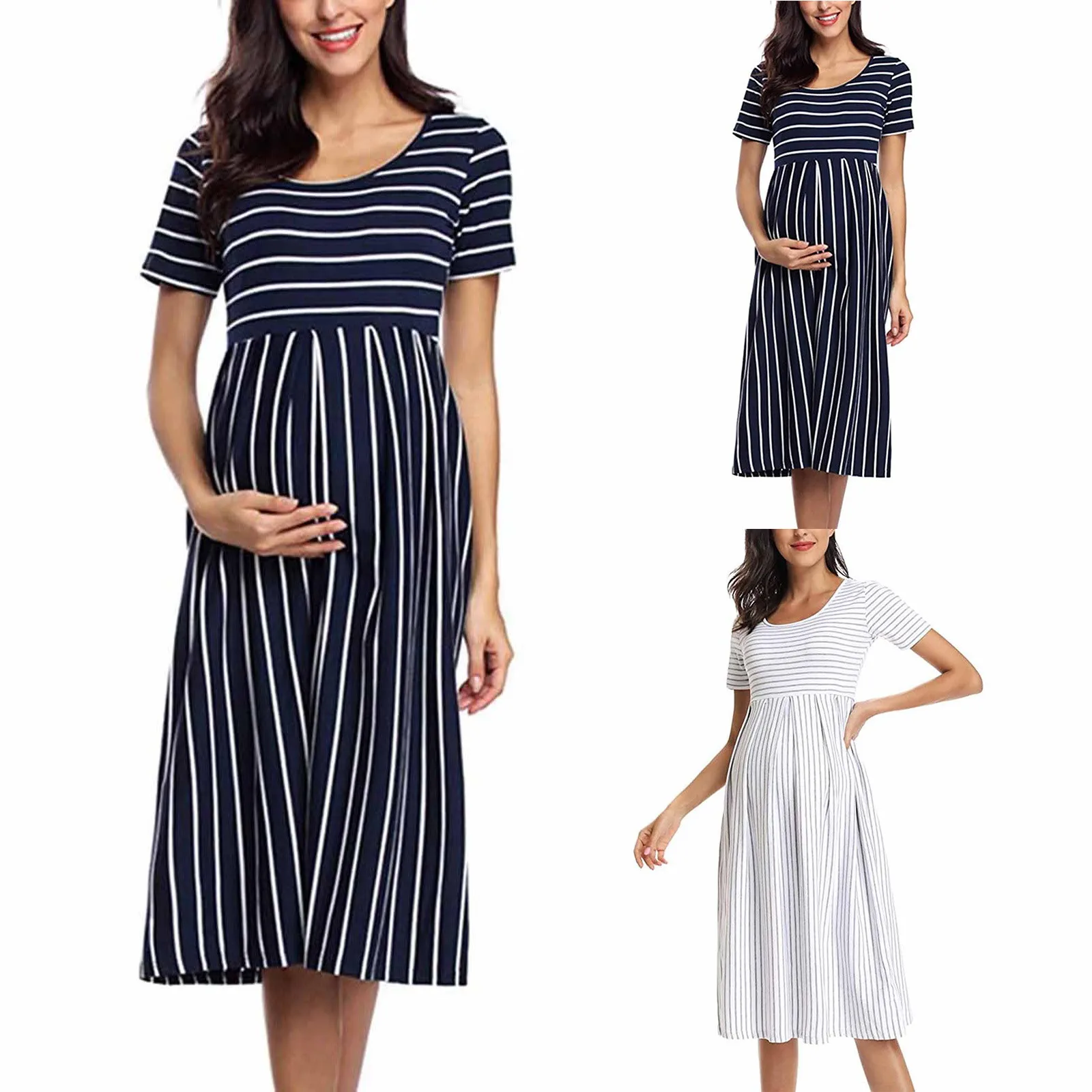 

Women’s Casual Striped Maternity Dress Short&3/4 Sleeve Knee Length Pregnant Dress Pregnancy Clothes For Baby Shower Women Dress