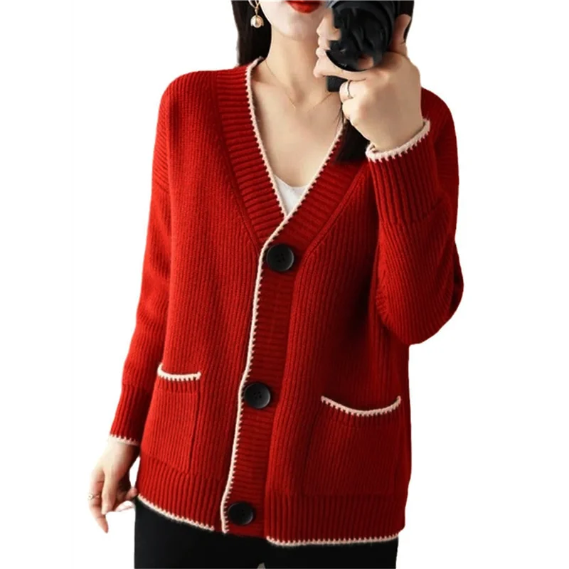 AB33-Women's Color Block Long Sleeves Sweater Fall Button Down Casual Coatigan Soft Knit Coat With Pocket