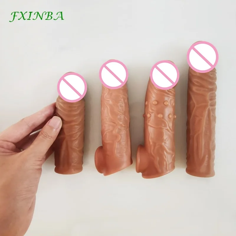 FXINBA 14-28cm Realistic Penis Sleeve Extender Large Reusable Condom Delay Penis Extender Sex Toy for Men Cock Enlarger Sleeve
