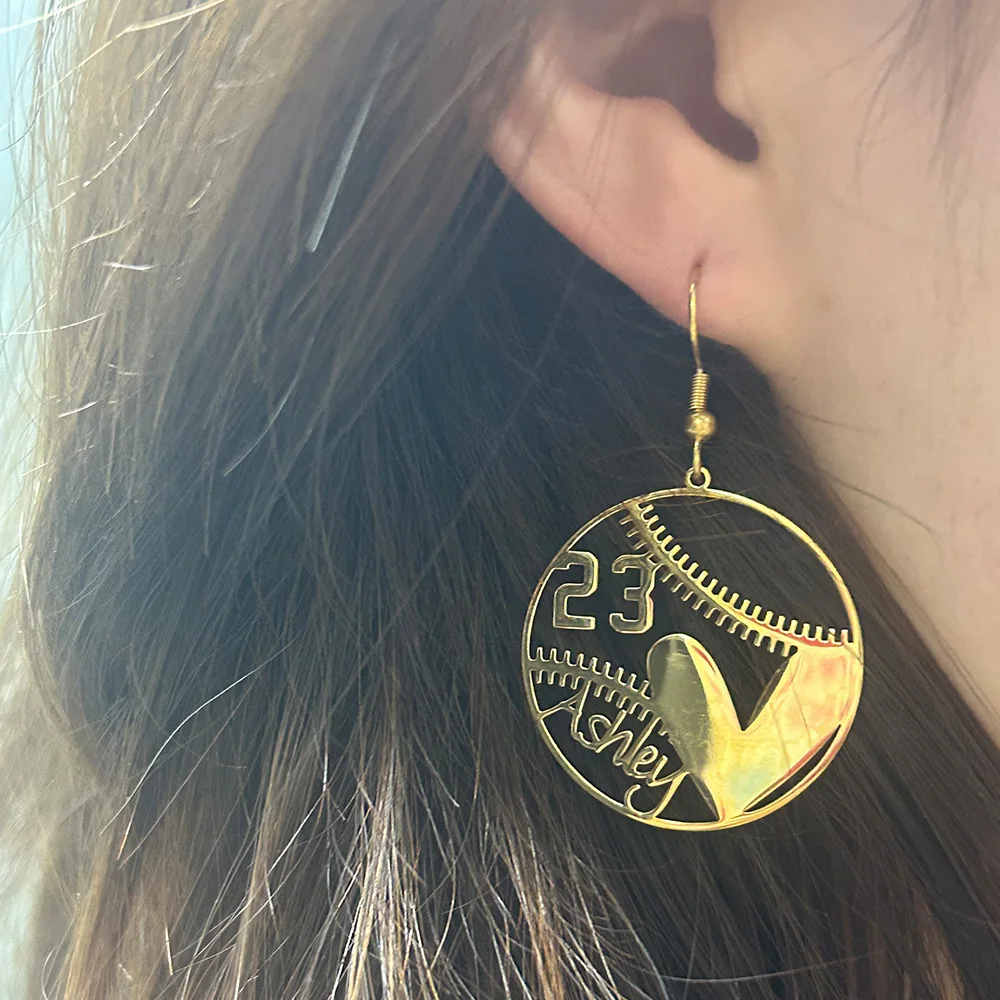 

Custom Baseball Earrings Customized Number Ear Clasp Hoop Love Stainless Steel Earrings For Women DIY Heart Piercing Jewelry