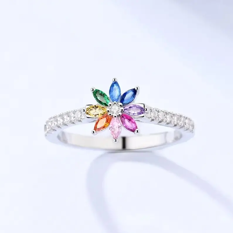 Ring 925 Silver Colorful Rainbow Flower For Women Engagement Ring Trendy Jewelry