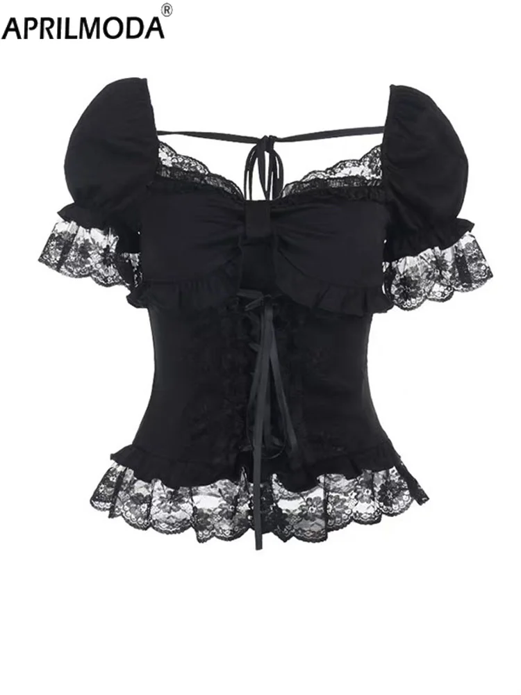 

Gothic Dark Hot Girl Black White Sweet Lace Patchwork Casual Blouse Subculture Harajuku Punk Style Kpop Dance Vintage Shirts Y2k
