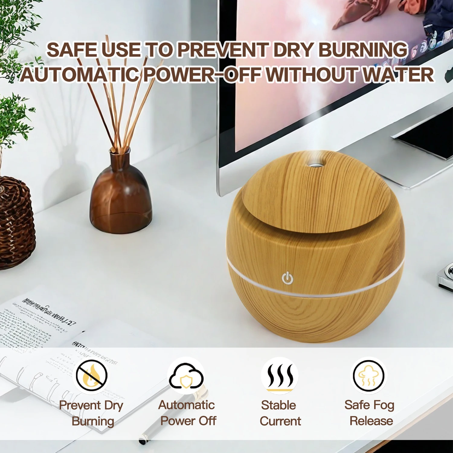 에센셜 오일 디퓨저, 아로마 디퓨저, 소형 에센셜 오일 가습기 200ml 우드 그레인 초음파 쿨 미스트 7가지 색상