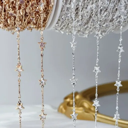 0.5Meter/1Meter Straight Rod With Pentagon Shape Rhinestone Copper Chain for DIY Necklaces Bracelets Jewelry Making Accessories