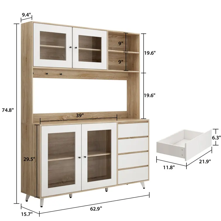 Stylish Multi-functional Wooden Kitchen Pantry With 4 Drawers 2 Cabinets And 2 Open Shelves